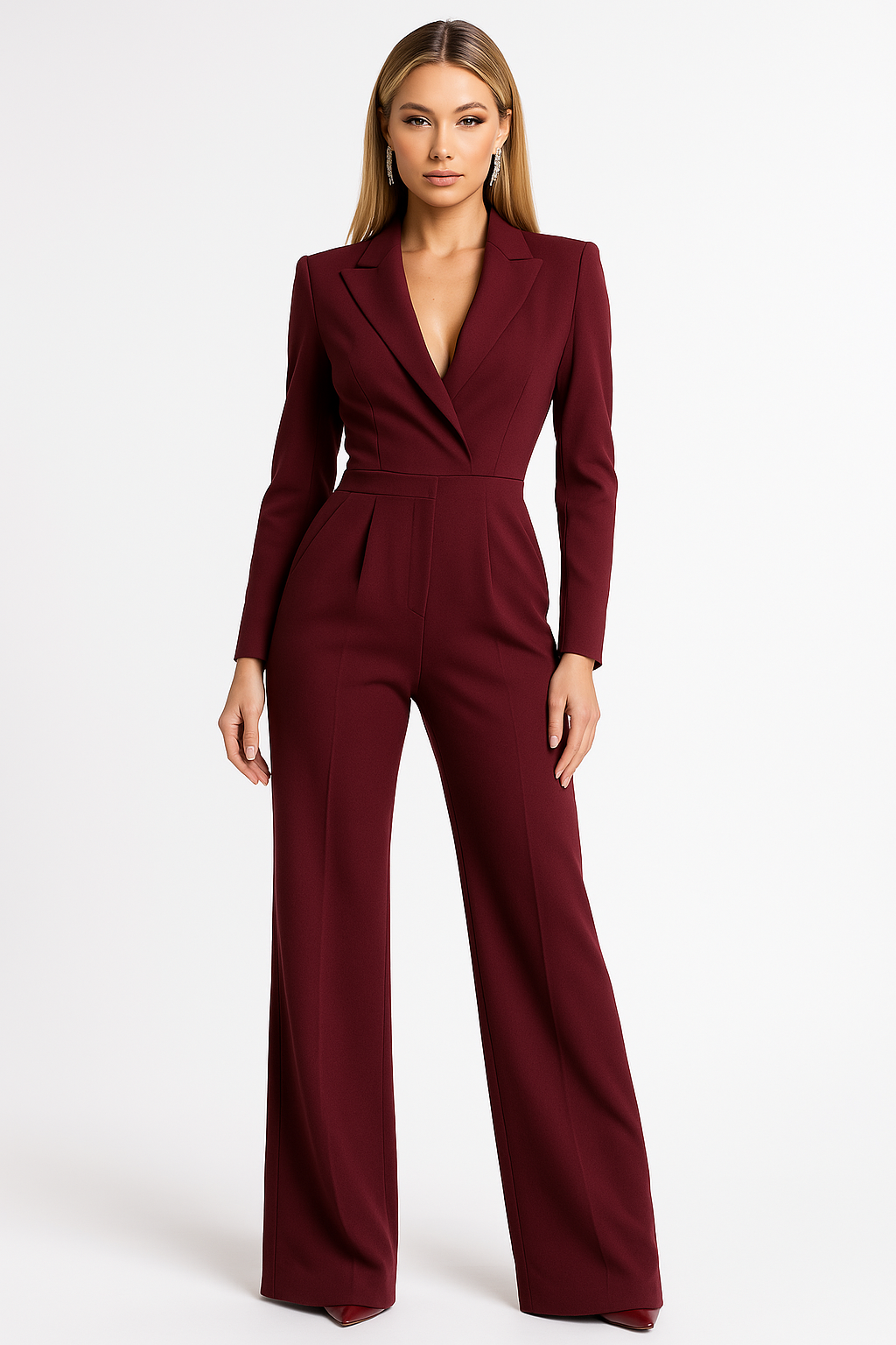 Women's Ivory Tailored Jumpsuit | Elegant V-Neck Wide-Leg Outfit