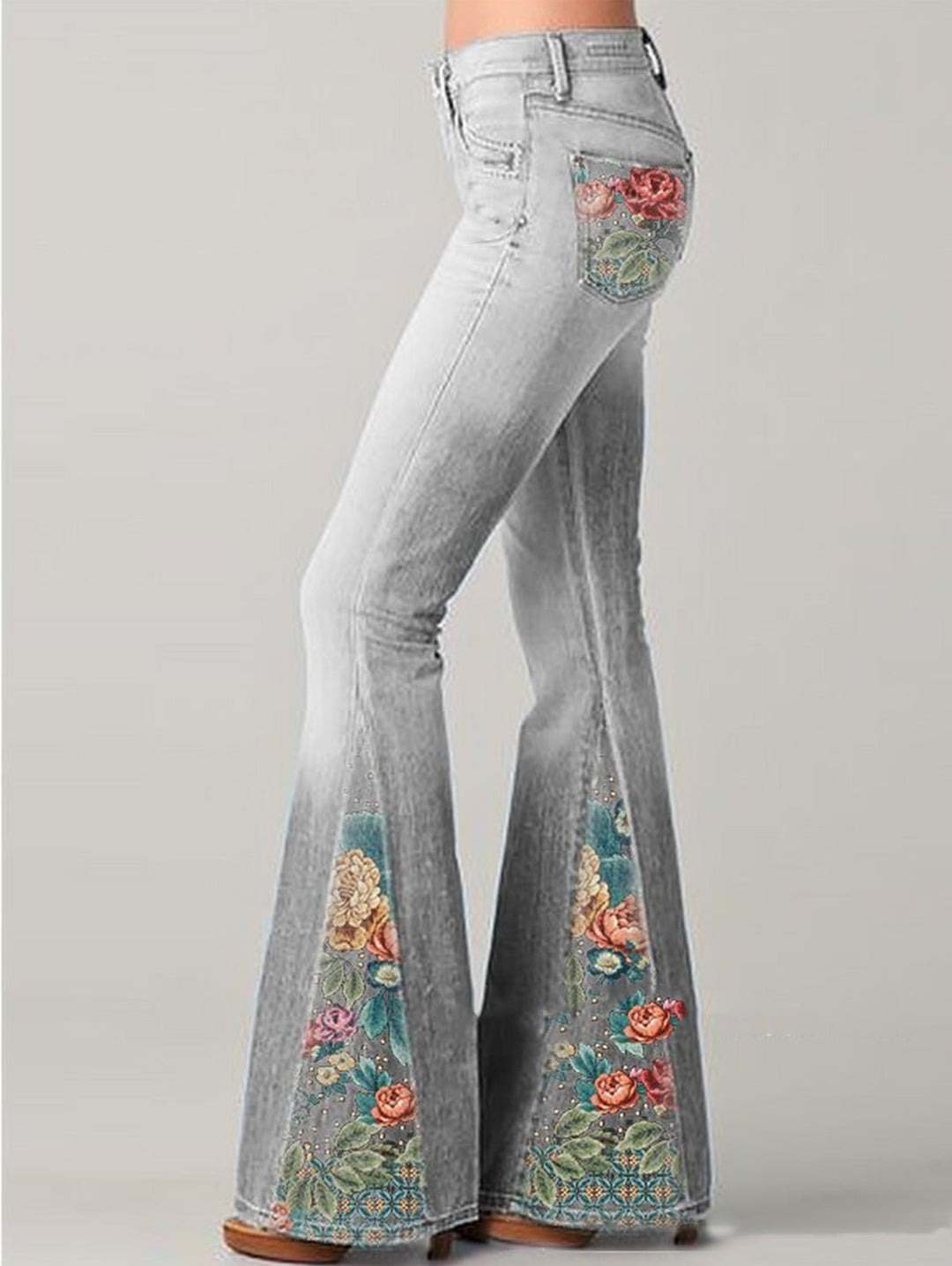 Jeans bootcut da donna in denim chiaro | Design floreale ricamato alla moda