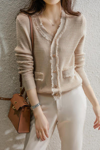 Women's Long Length V-Neck Knit Blouse with Fringe
