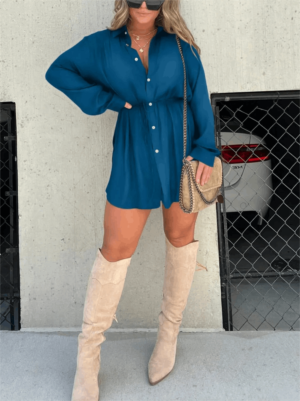 Women's Long Sleeve Button Front Shirt Romper 9