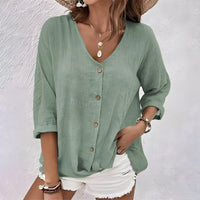 Women's Relaxed Fit Cotton Linen V Neck Blouse