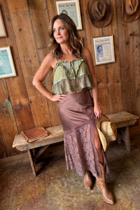 Women's Romantic Lace Trim Satin Midi Skirt