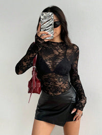 Women's Sheer Floral Lace Blouse | Elegant Fitted Long Sleeve Top