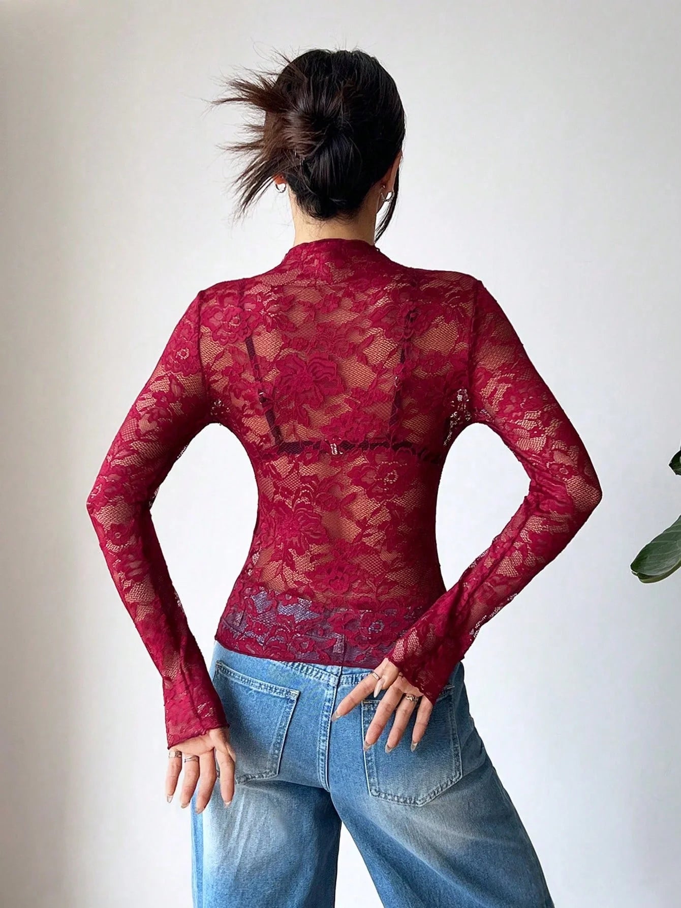 Women's Sheer Floral Lace Blouse | Elegant Fitted Long Sleeve Top