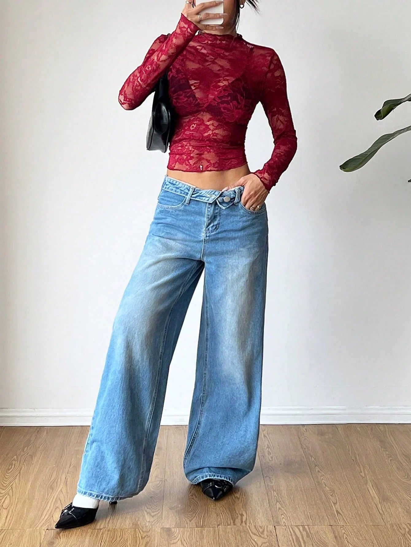 Women's Sheer Floral Lace Blouse | Elegant Fitted Long Sleeve Top