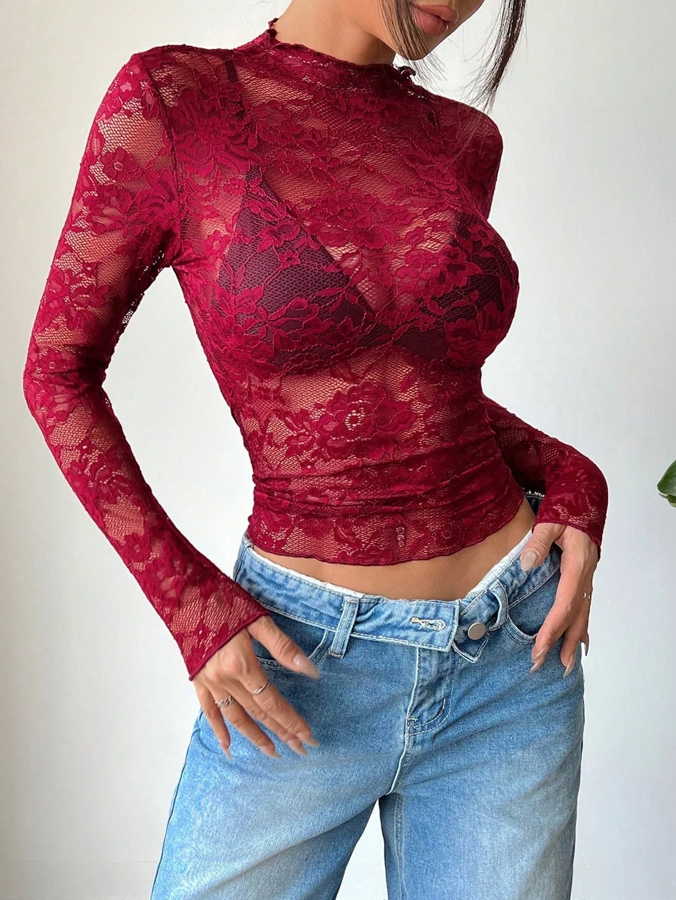 Women's Sheer Floral Lace Blouse | Elegant Fitted Long Sleeve Top