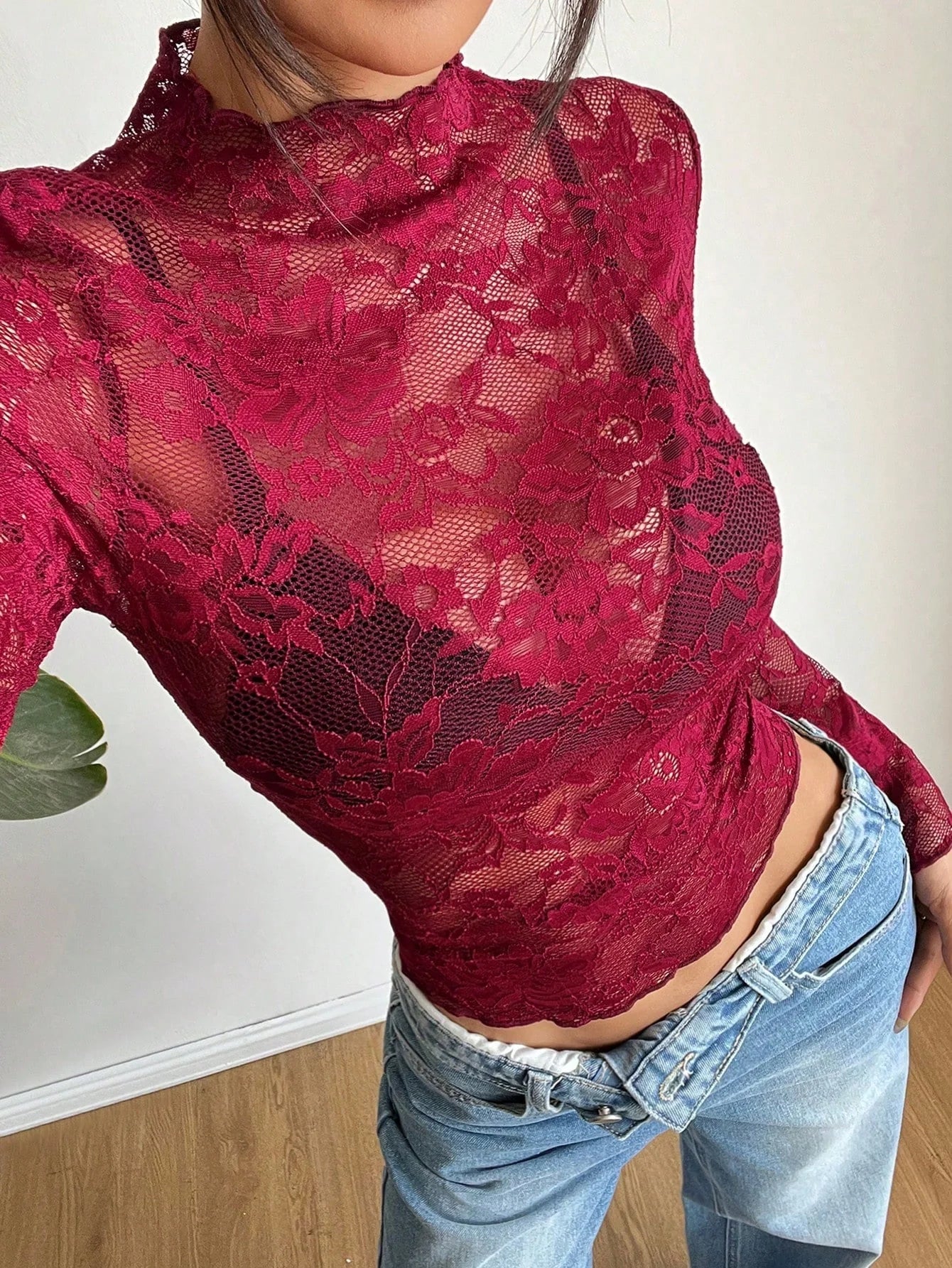 Women's Sheer Floral Lace Blouse | Elegant Fitted Long Sleeve Top