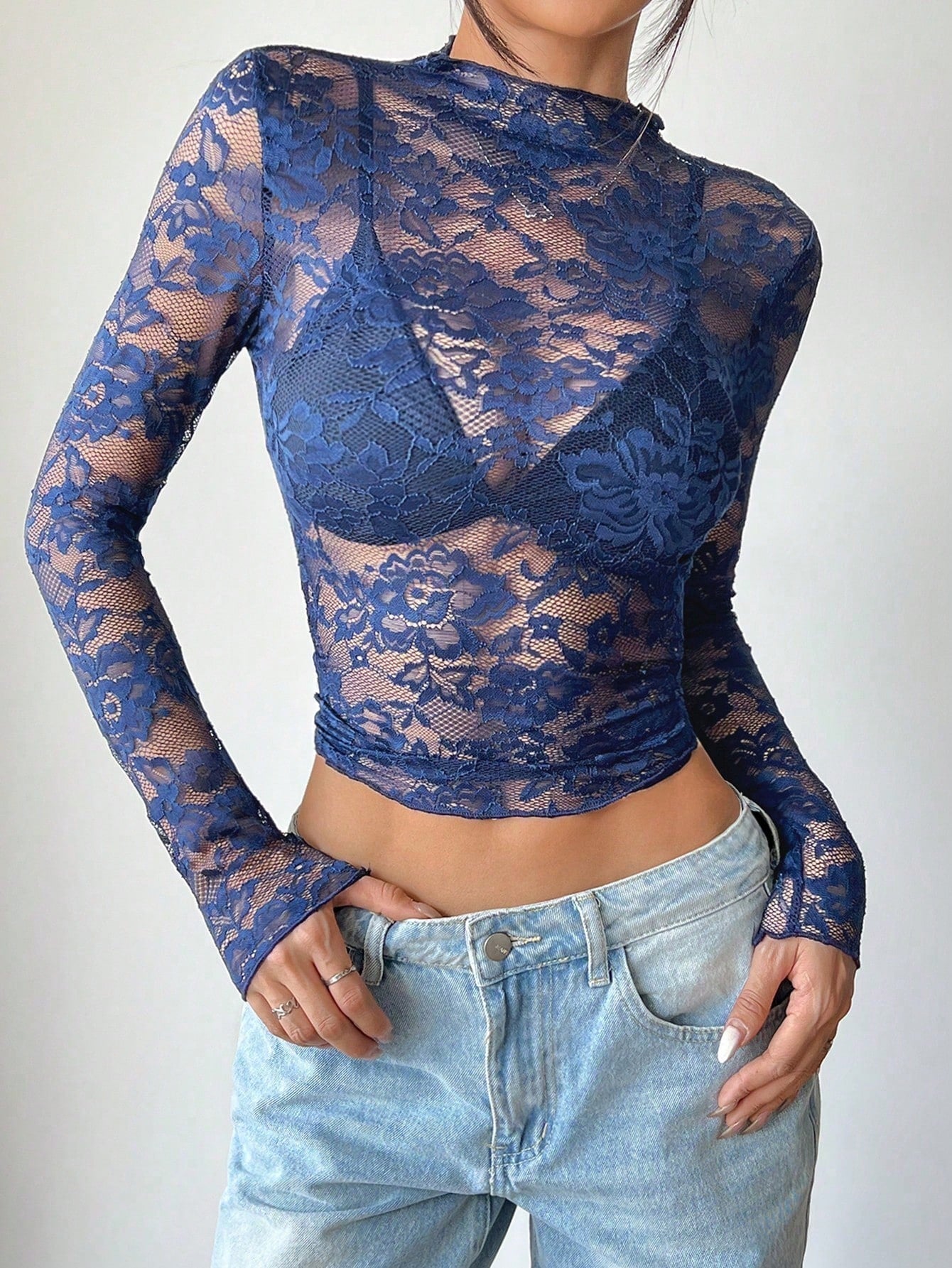 Women's Sheer Floral Lace Blouse | Elegant Fitted Long Sleeve Top