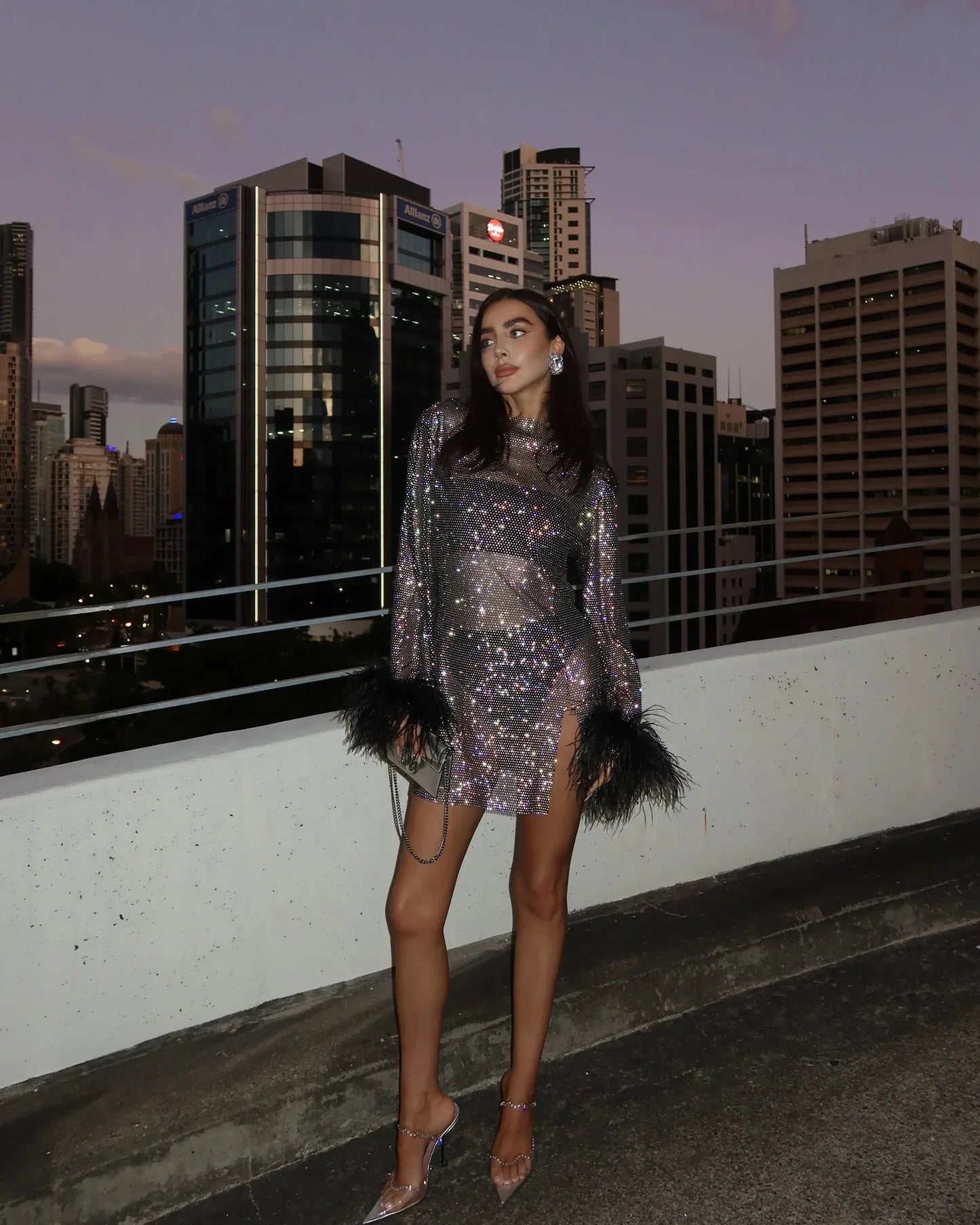 Women's Shimmering Fabric Mini Dress | Elegant Long Sleeve Party Dress