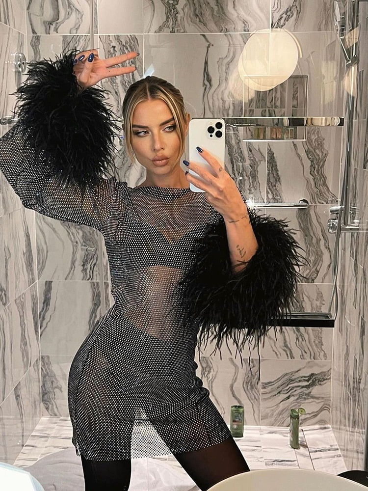 Women's Shimmering Fabric Mini Dress | Elegant Long Sleeve Party Dress