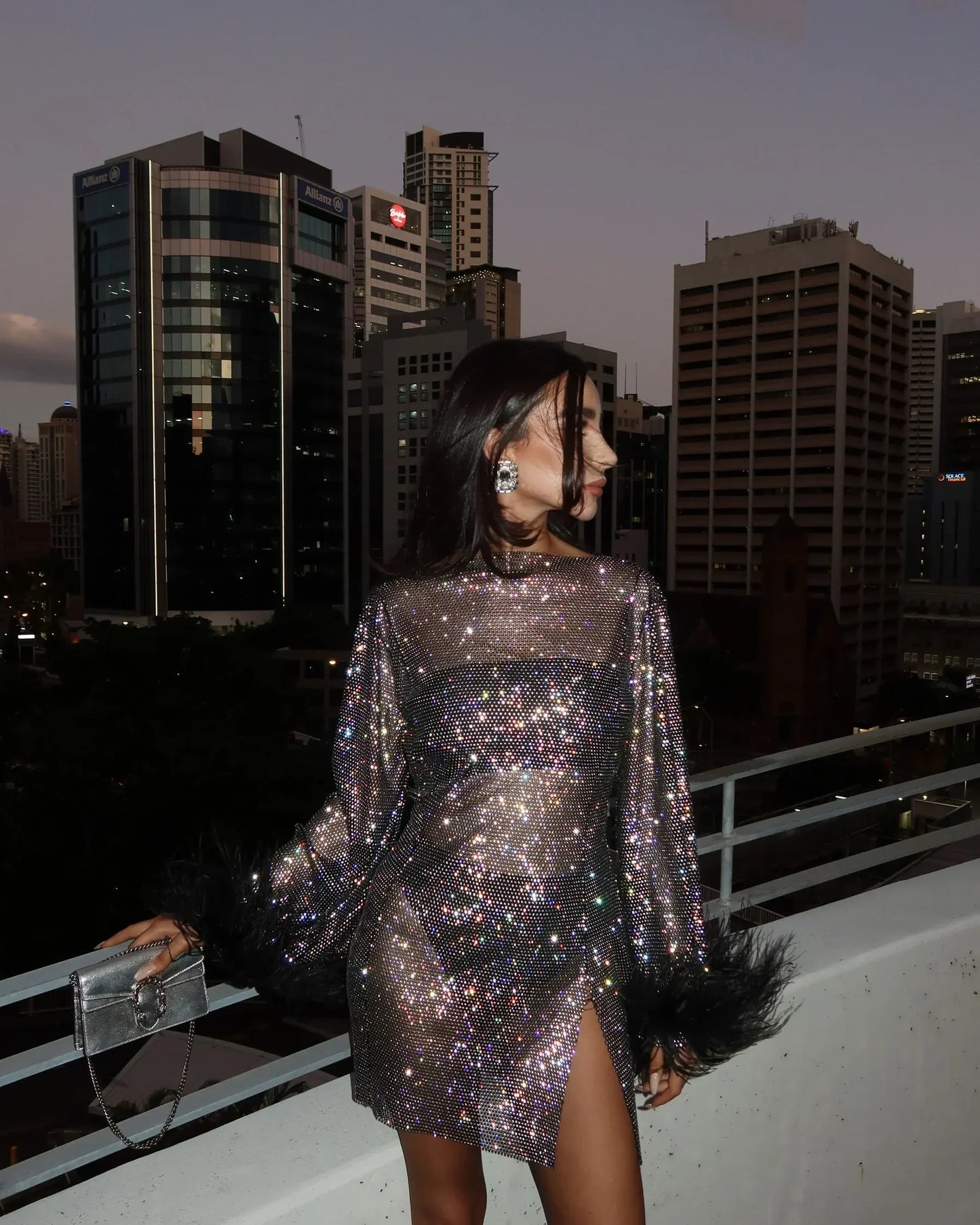 Women's Shimmering Fabric Mini Dress | Elegant Long Sleeve Party Dress