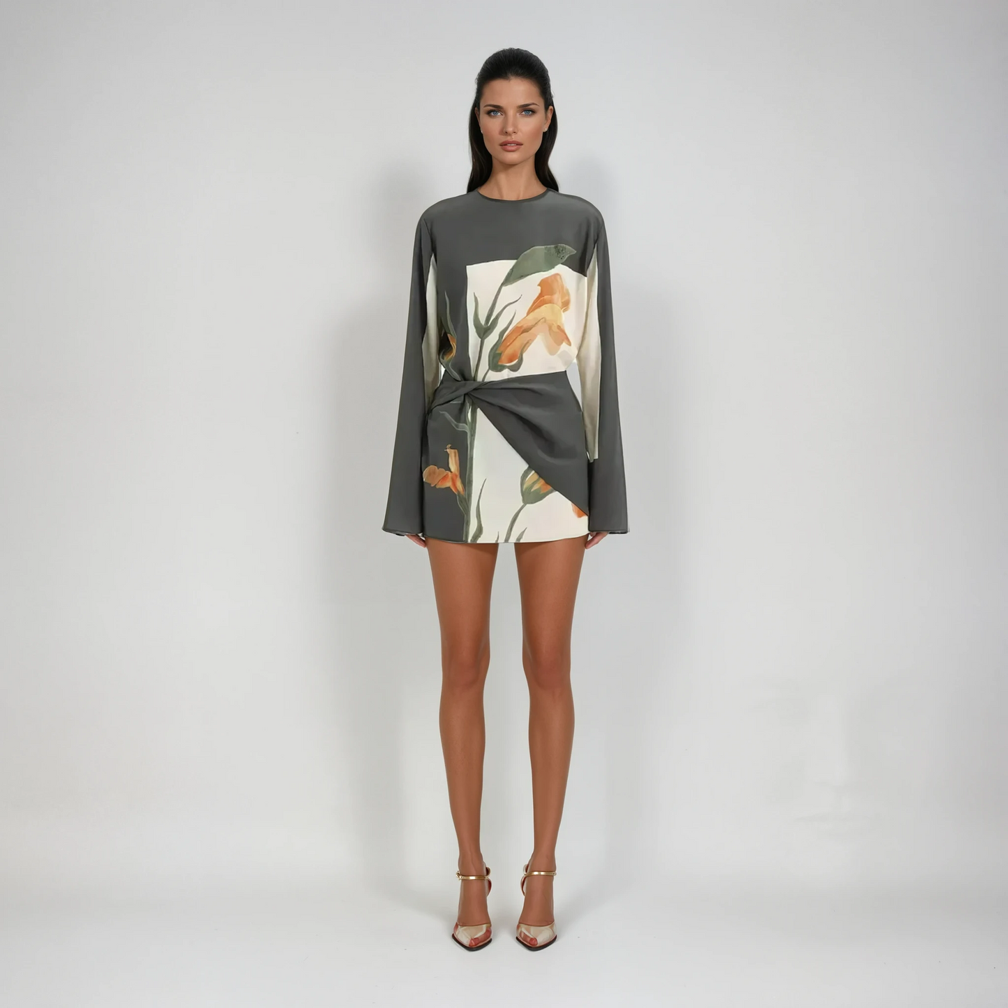 Women's Silk Crepe Mini Dress | Elegant Floral Twist Design