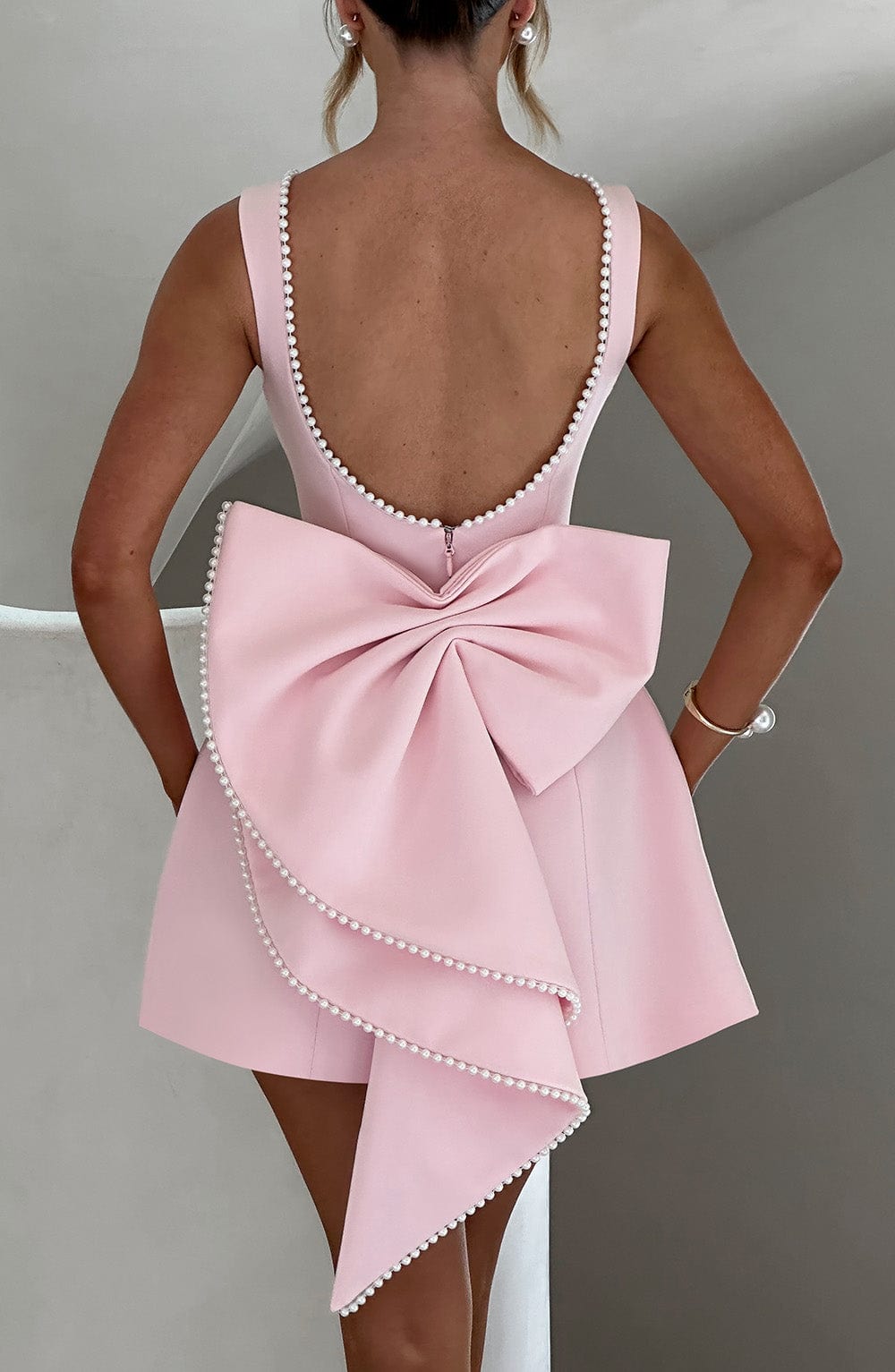 Women's Structured Pink Mini Dress | Elegant Bow-Back Cocktail Dress for Parties