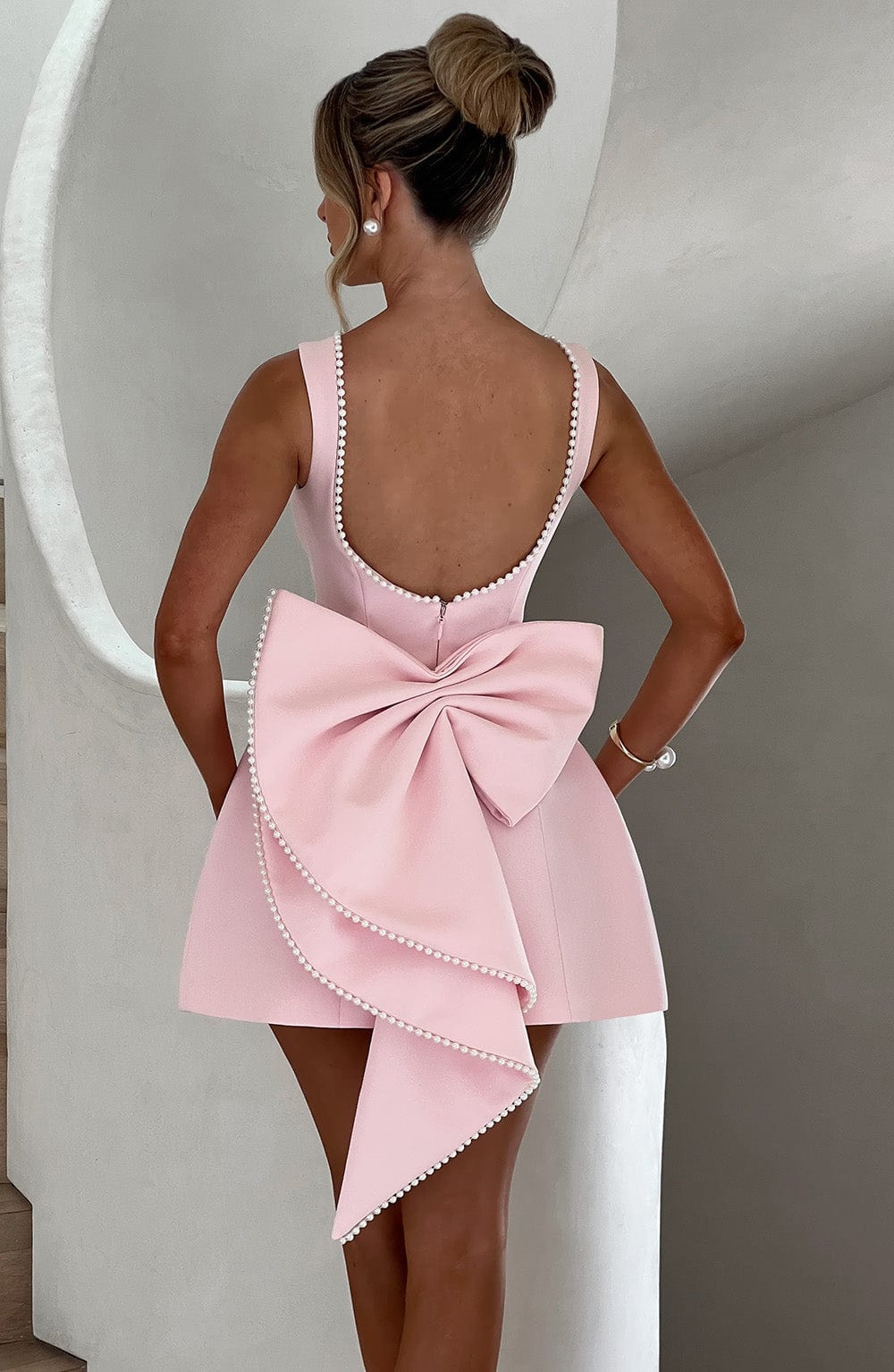 Women's Structured Pink Mini Dress | Elegant Bow-Back Cocktail Dress for Parties