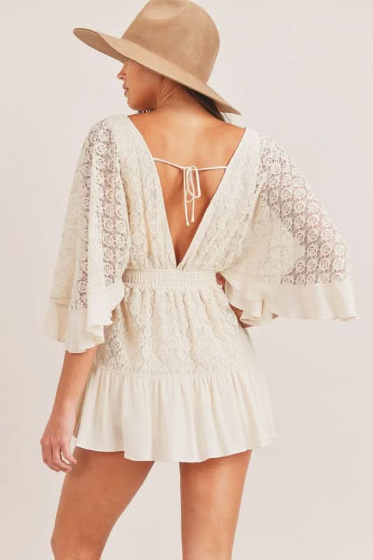 Women's Summer Lace V Neck Mini Romper with Smocked Waist 1