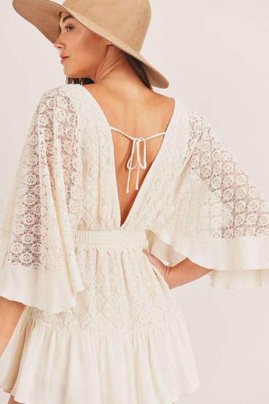 Women's Summer Lace V Neck Mini Romper with Smocked Waist 5