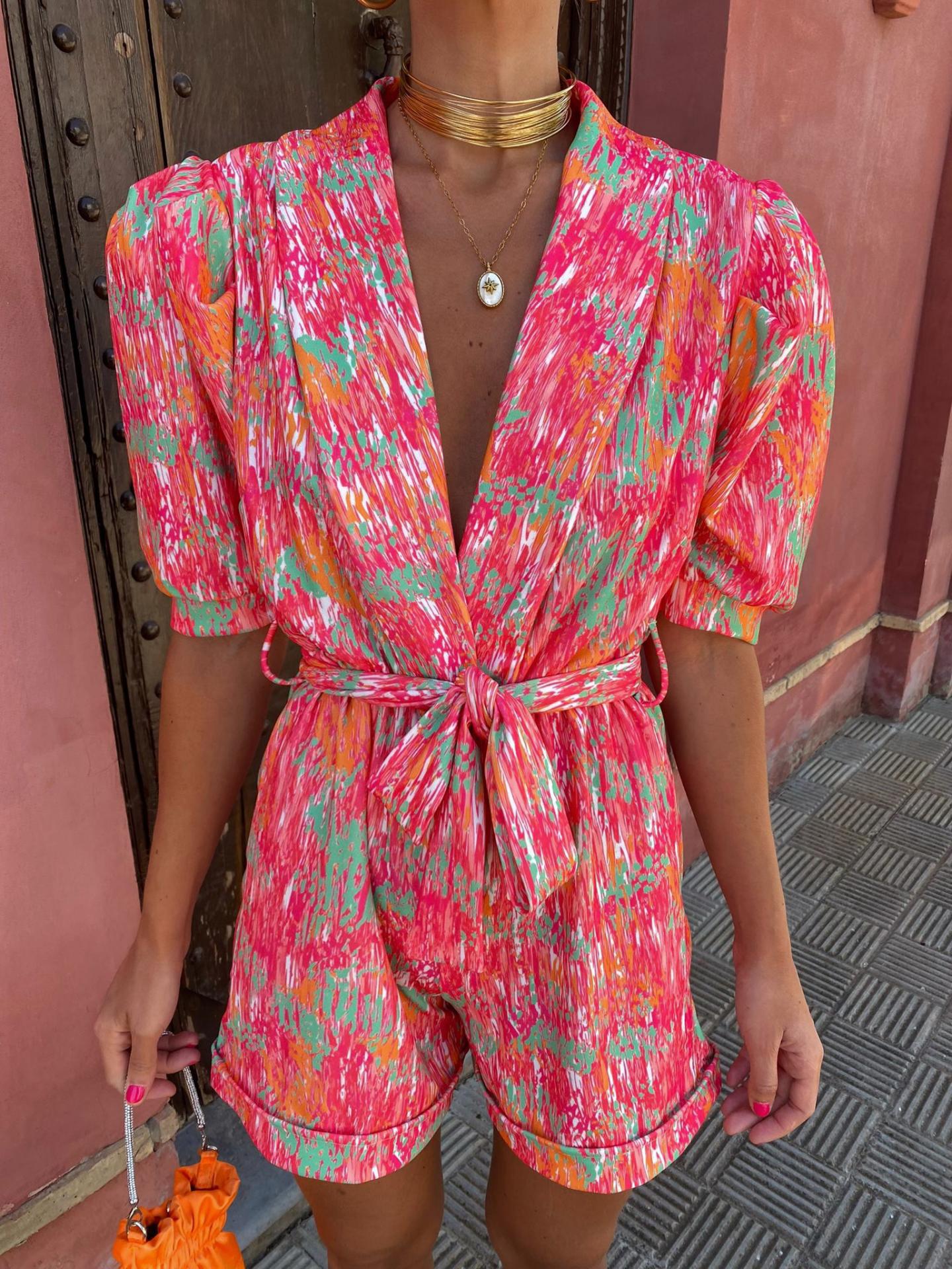 Women's Summer Printed V Neck Puff Sleeve Romper 1