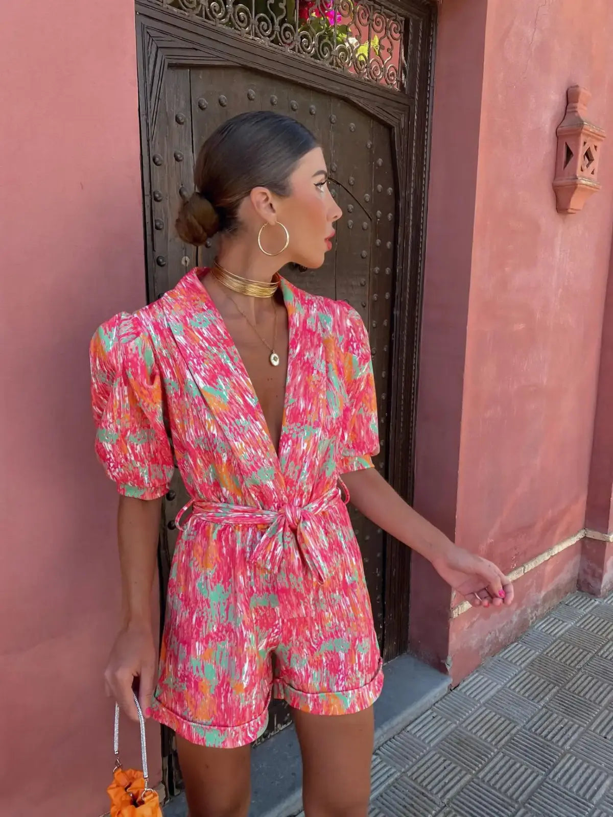 Women's Summer Printed V Neck Puff Sleeve Romper 2