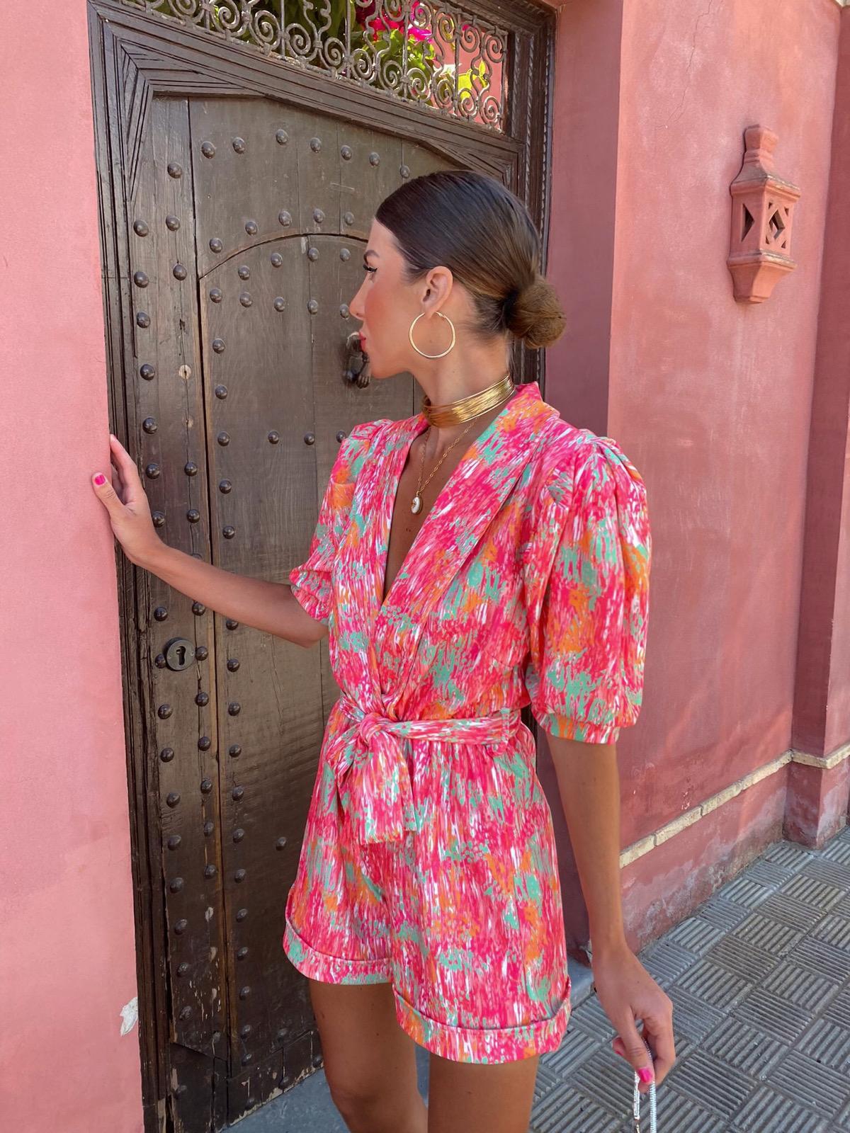 Women's Summer Printed V Neck Puff Sleeve Romper 3