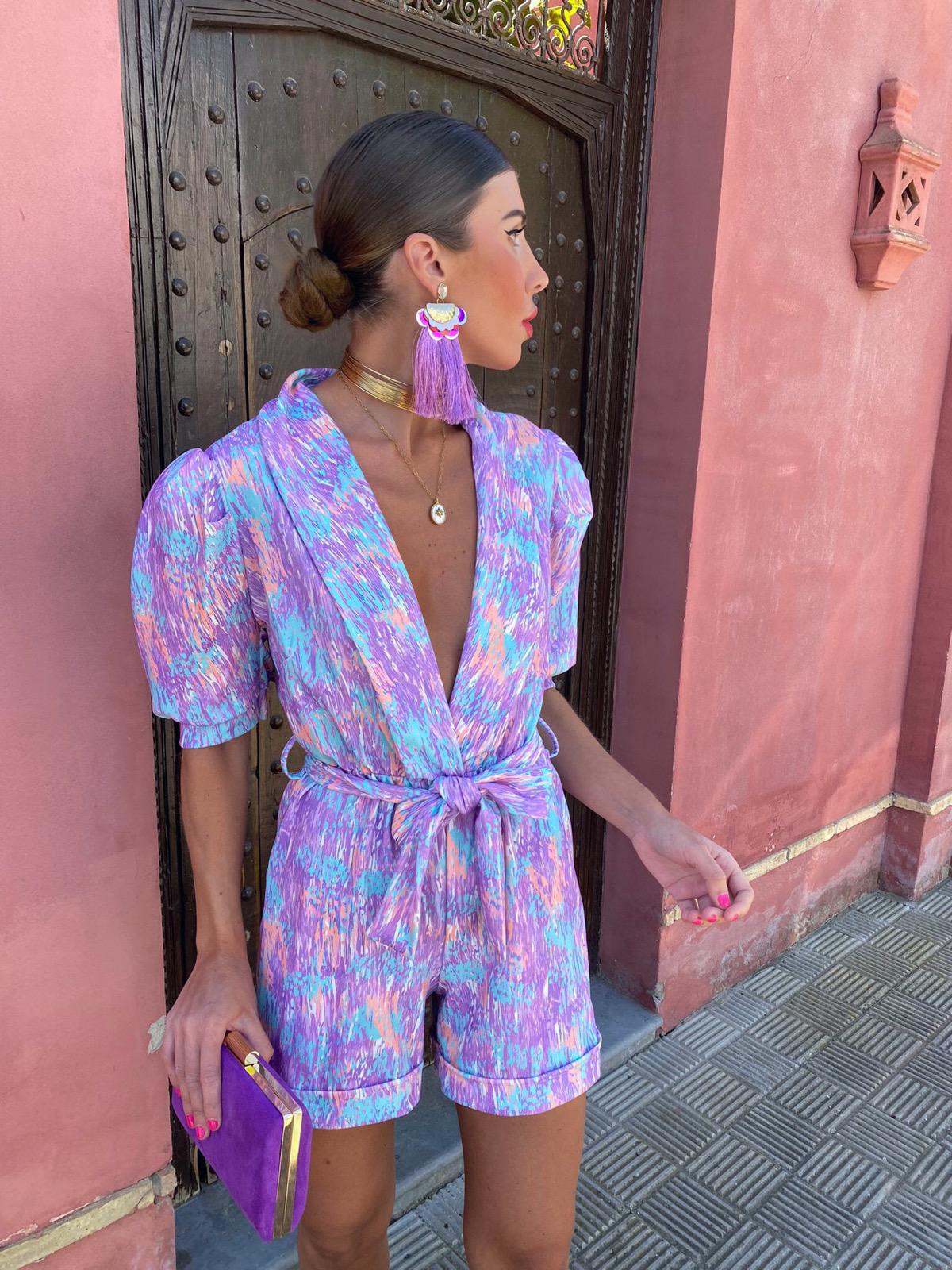 Women's Summer Printed V Neck Puff Sleeve Romper 5