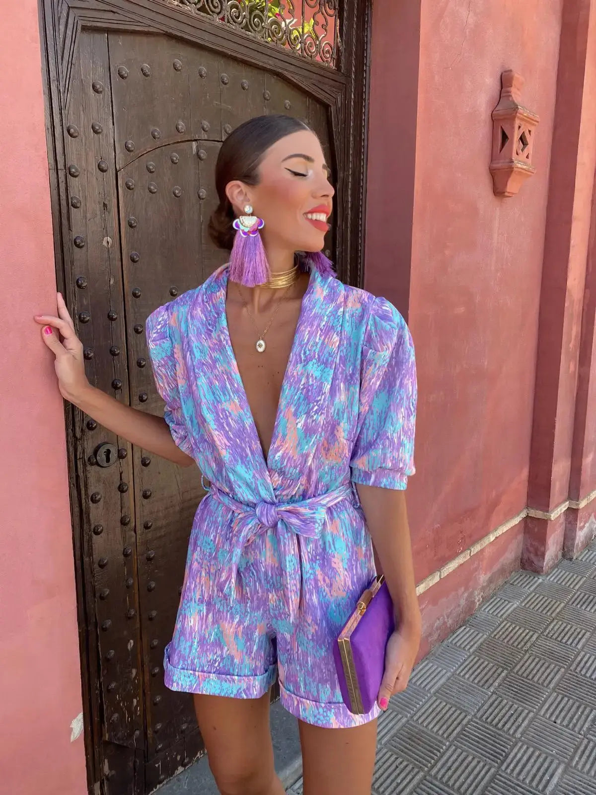 Women's Summer Printed V Neck Puff Sleeve Romper 6