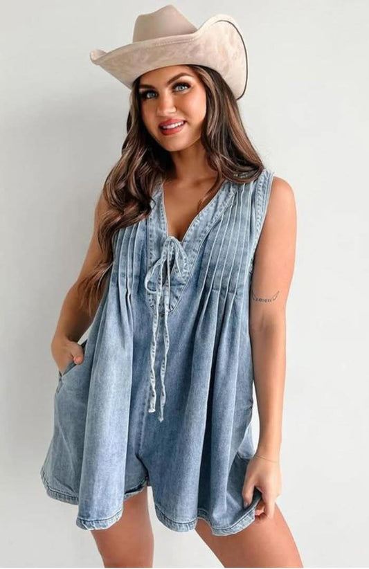 Women's Summer V Neck Sleeveless Denim Romper With Pockets 0