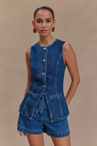 Women's Tailored Denim Two-Piece Set | Chic Sleeveless Top & High-Waisted Shorts