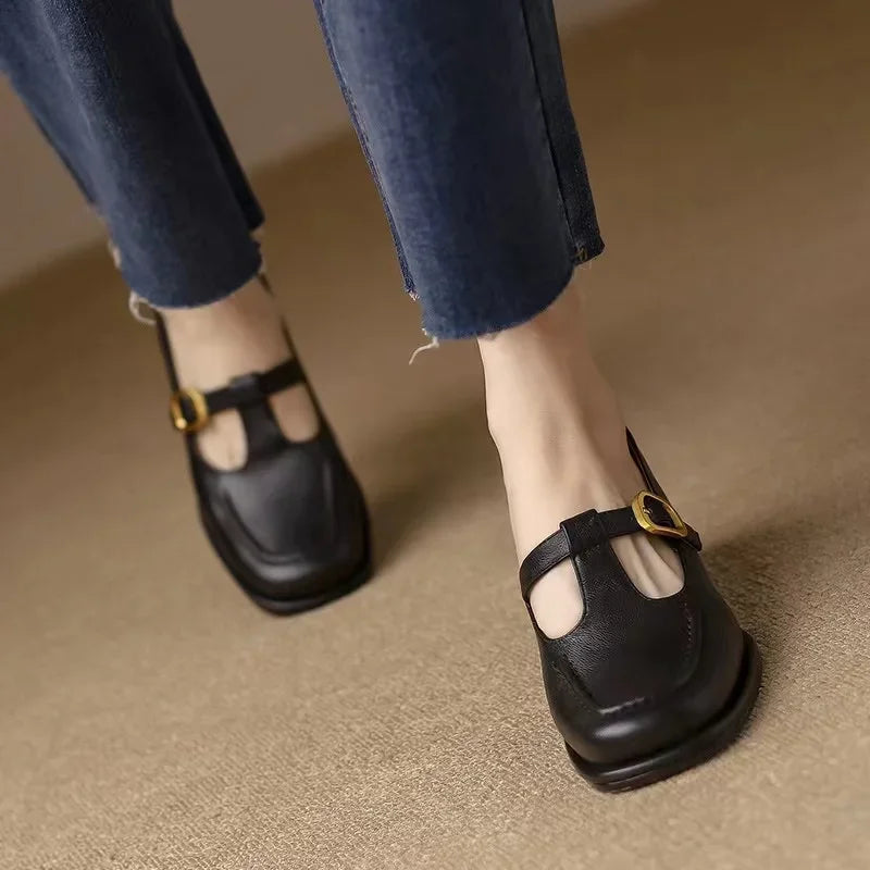 Wren | Women's T-Strap Mary Jane Shoes Square Toe Low Block Heel 4