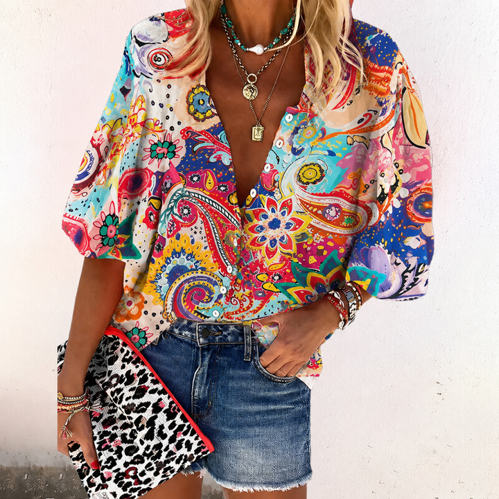 Blusa boho da donna con stampa, scollo a V, maniche lunghe e bottoni