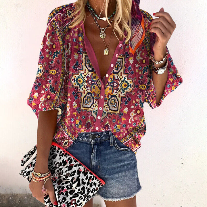 Blusa boho da donna con stampa, scollo a V, maniche lunghe e bottoni