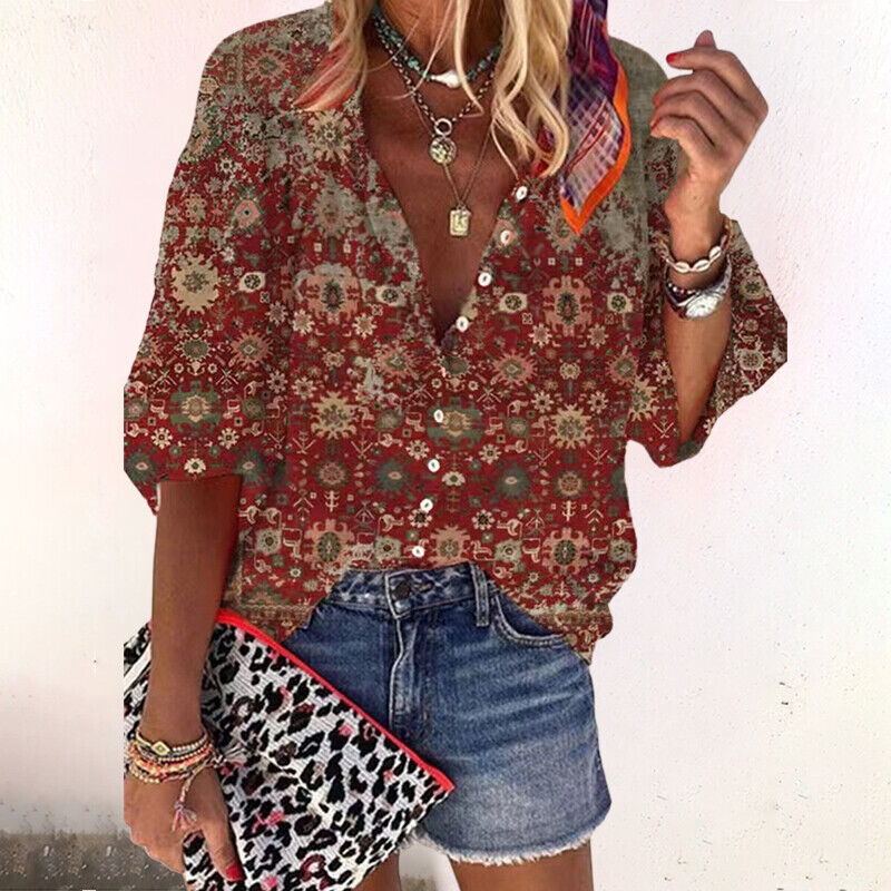 Blusa boho da donna con stampa, scollo a V, maniche lunghe e bottoni