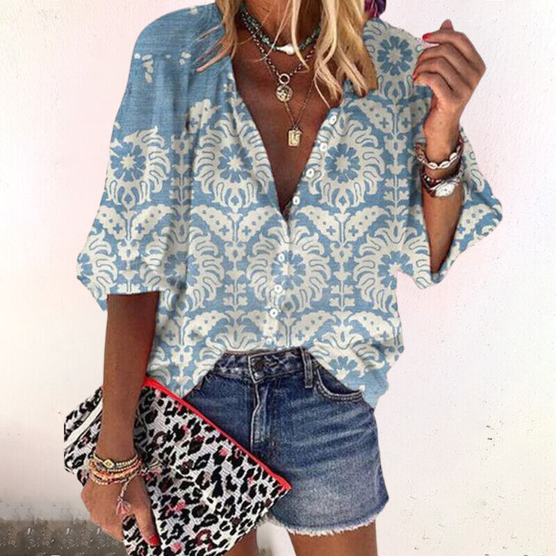 Blusa boho da donna con stampa, scollo a V, maniche lunghe e bottoni