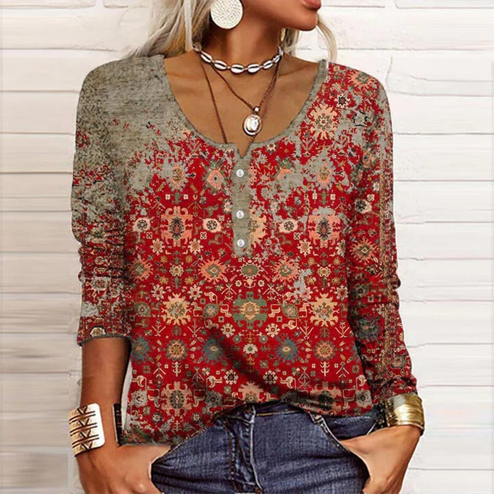 Women's Boho Print Long Sleeve Top V-Neck Henley Blouse