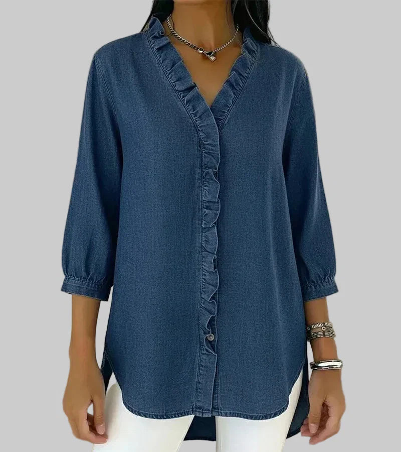 Women's Ruffle V-Neck 3/4 Sleeve Blouse