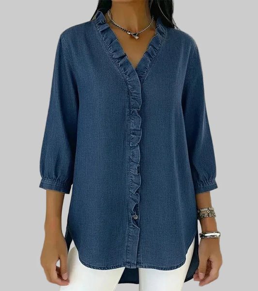 Women's Ruffle V-Neck 3/4 Sleeve Blouse