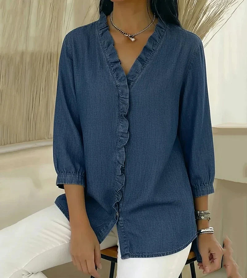Women's Ruffle V-Neck 3/4 Sleeve Blouse