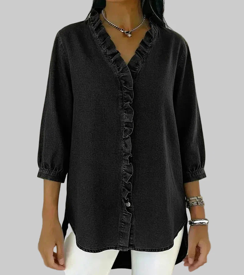 Women's Ruffle V-Neck 3/4 Sleeve Blouse