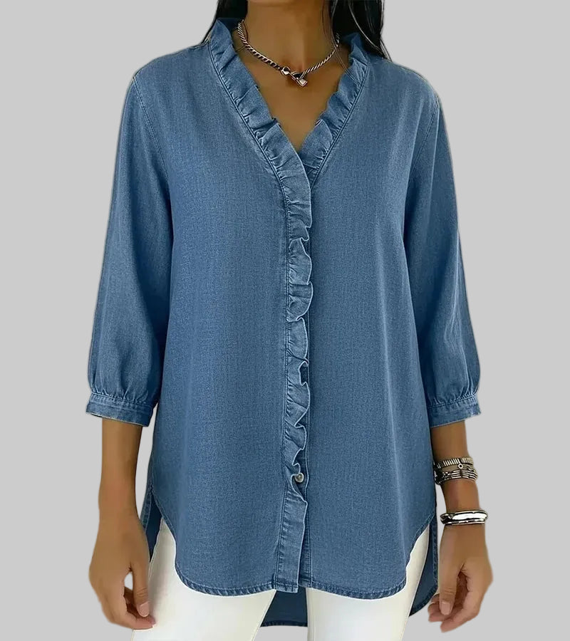 Women's Ruffle V-Neck 3/4 Sleeve Blouse