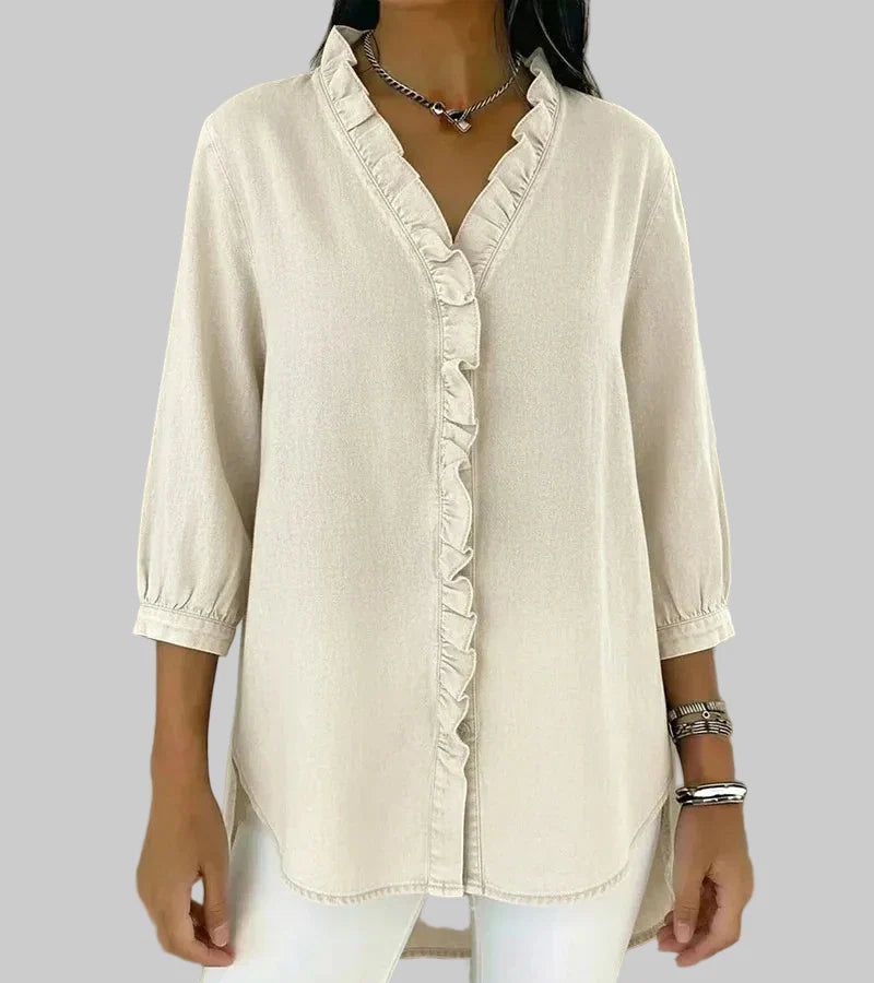 Women's Ruffle V-Neck 3/4 Sleeve Blouse