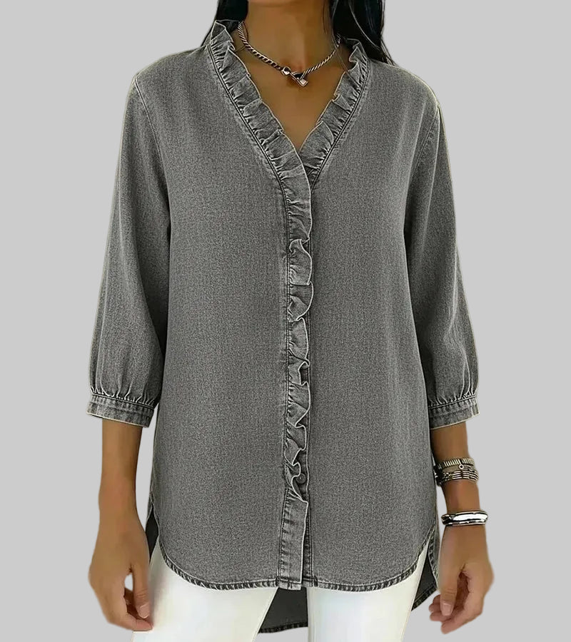 Women's Ruffle V-Neck 3/4 Sleeve Blouse