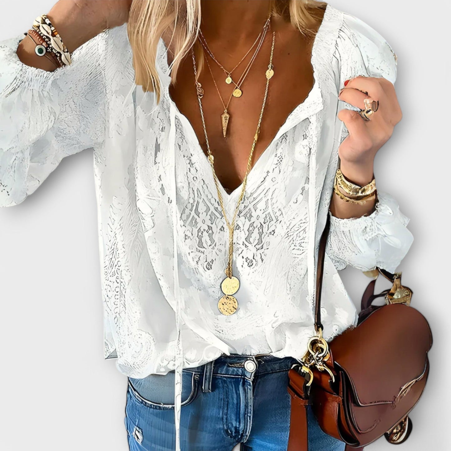 Women's Lace V-Neck Blouse Long Sleeve Boho Top