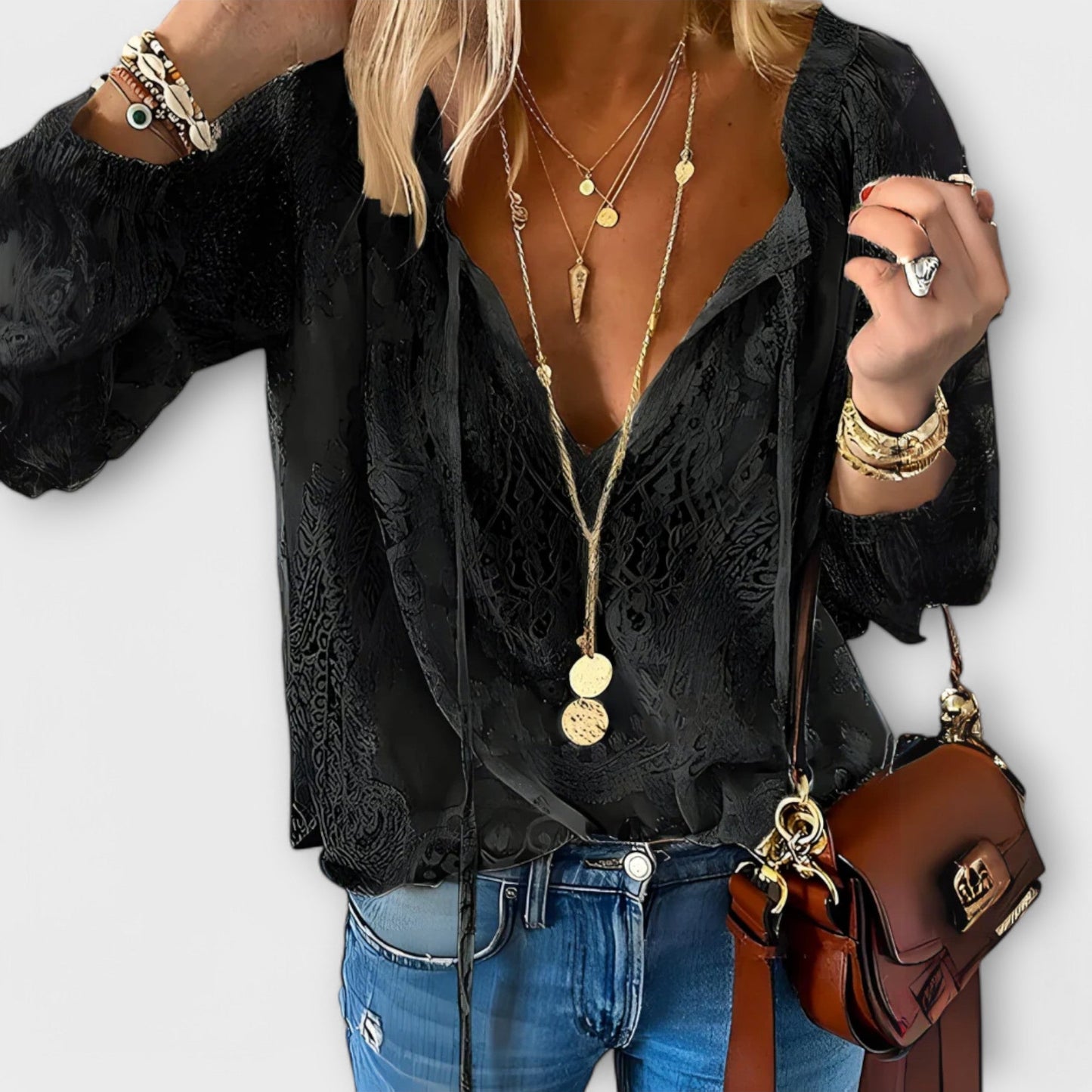 Women's Lace V-Neck Blouse Long Sleeve Boho Top