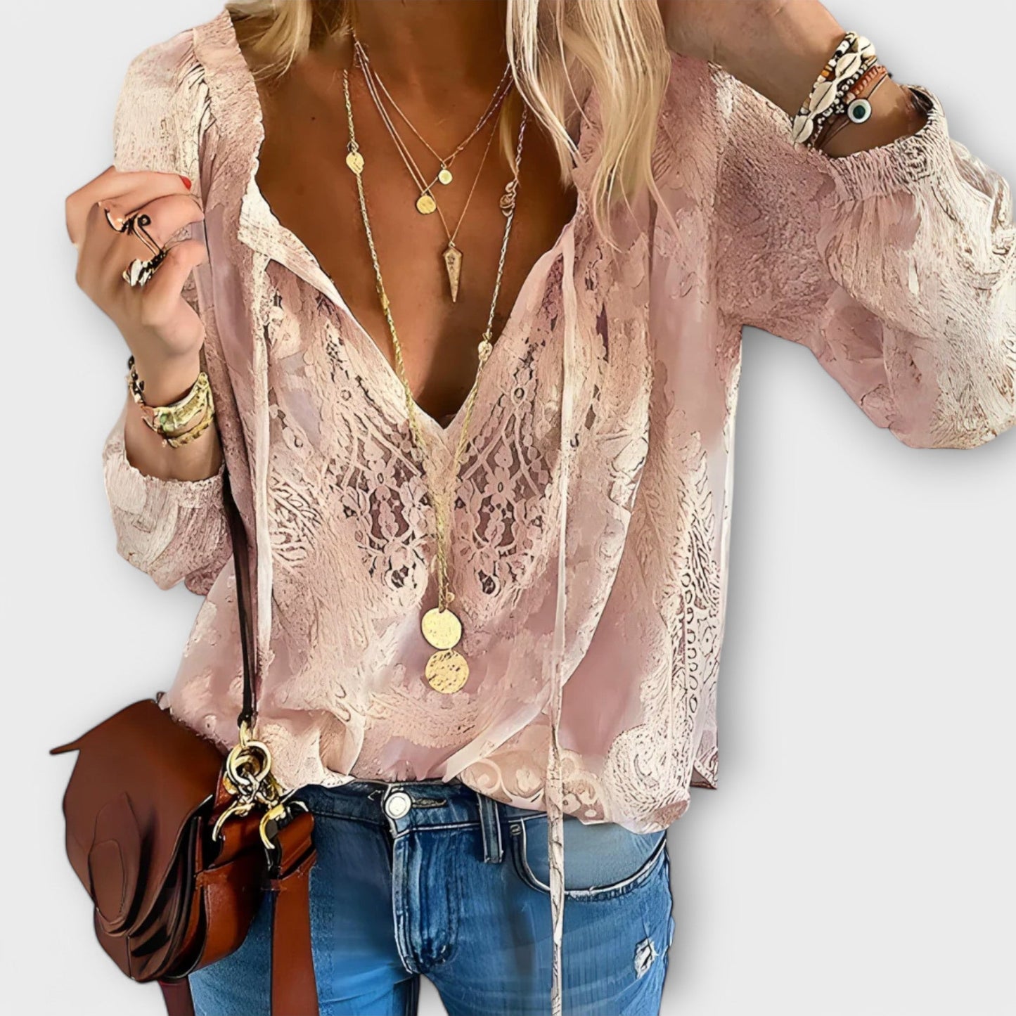 Women's Lace V-Neck Blouse Long Sleeve Boho Top