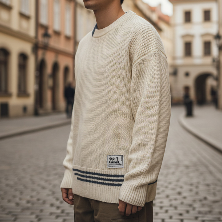 Men's Oversized Winter Sweater Thick Knit with Stripe Details