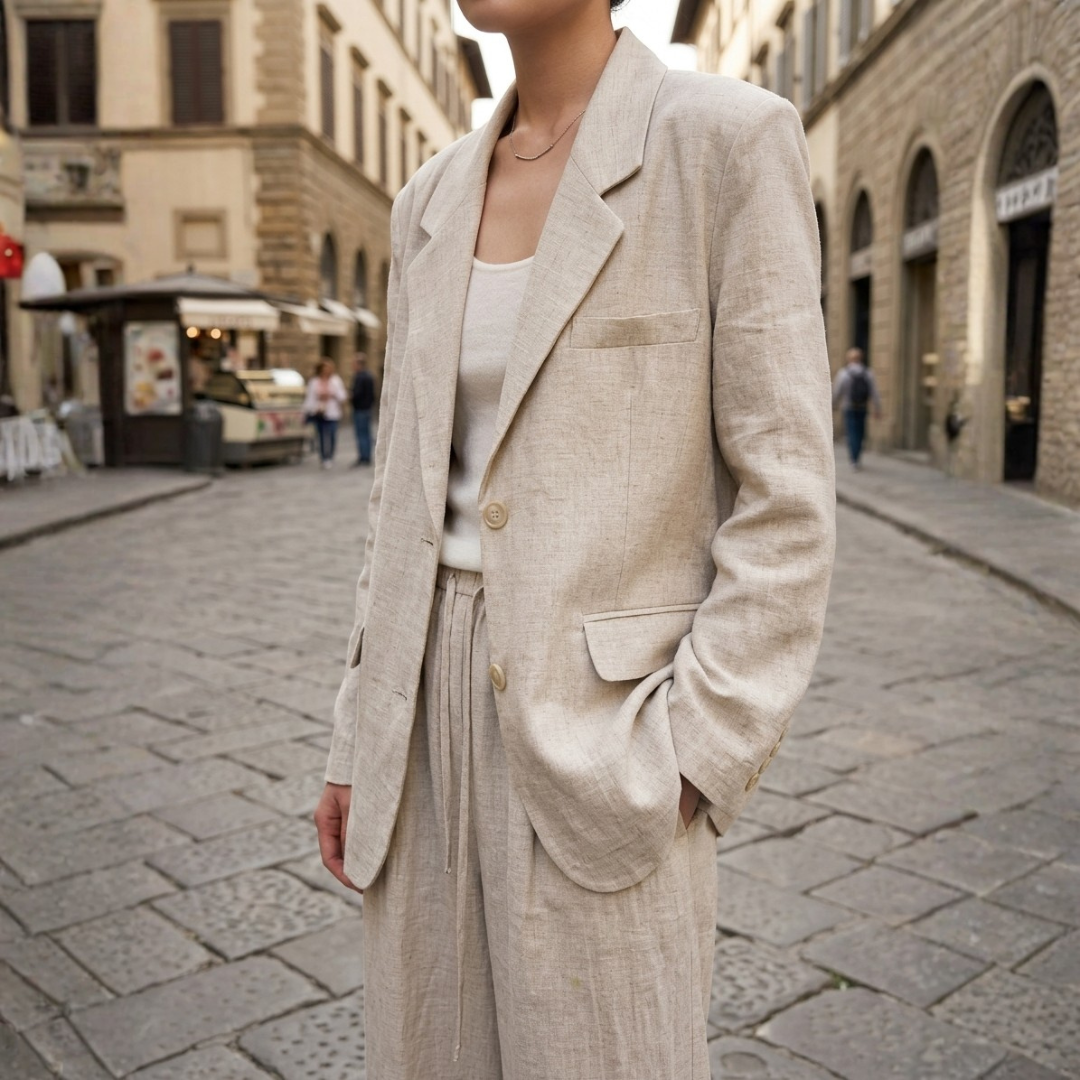 Women's Linen and Cotton Blazer and Pants Set for Spring