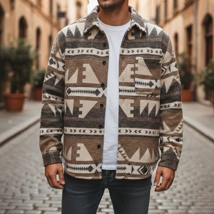 Men's Brown and Beige Geometric Pattern Flannel Jacket