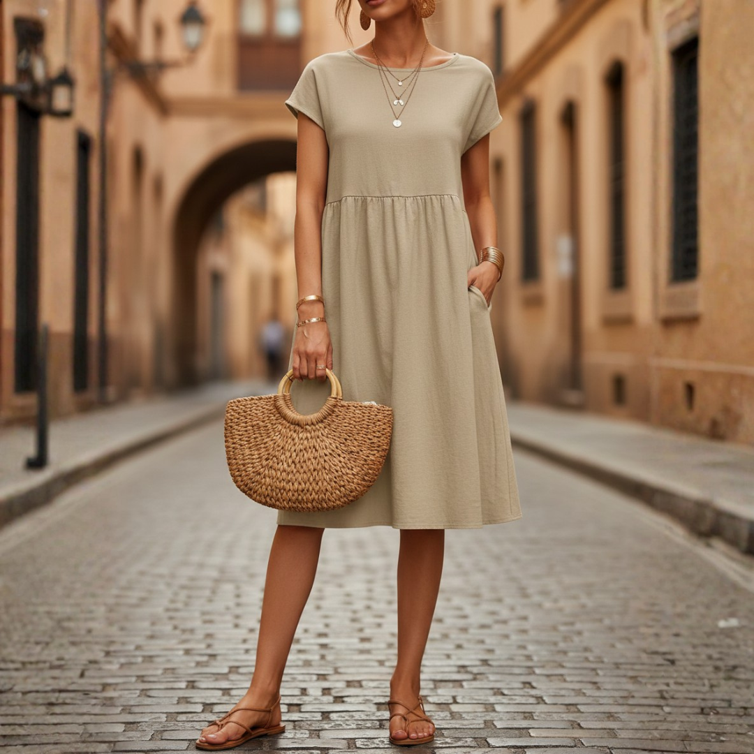 Beige Midi Ruffle Dress with Short Sleeves for Women