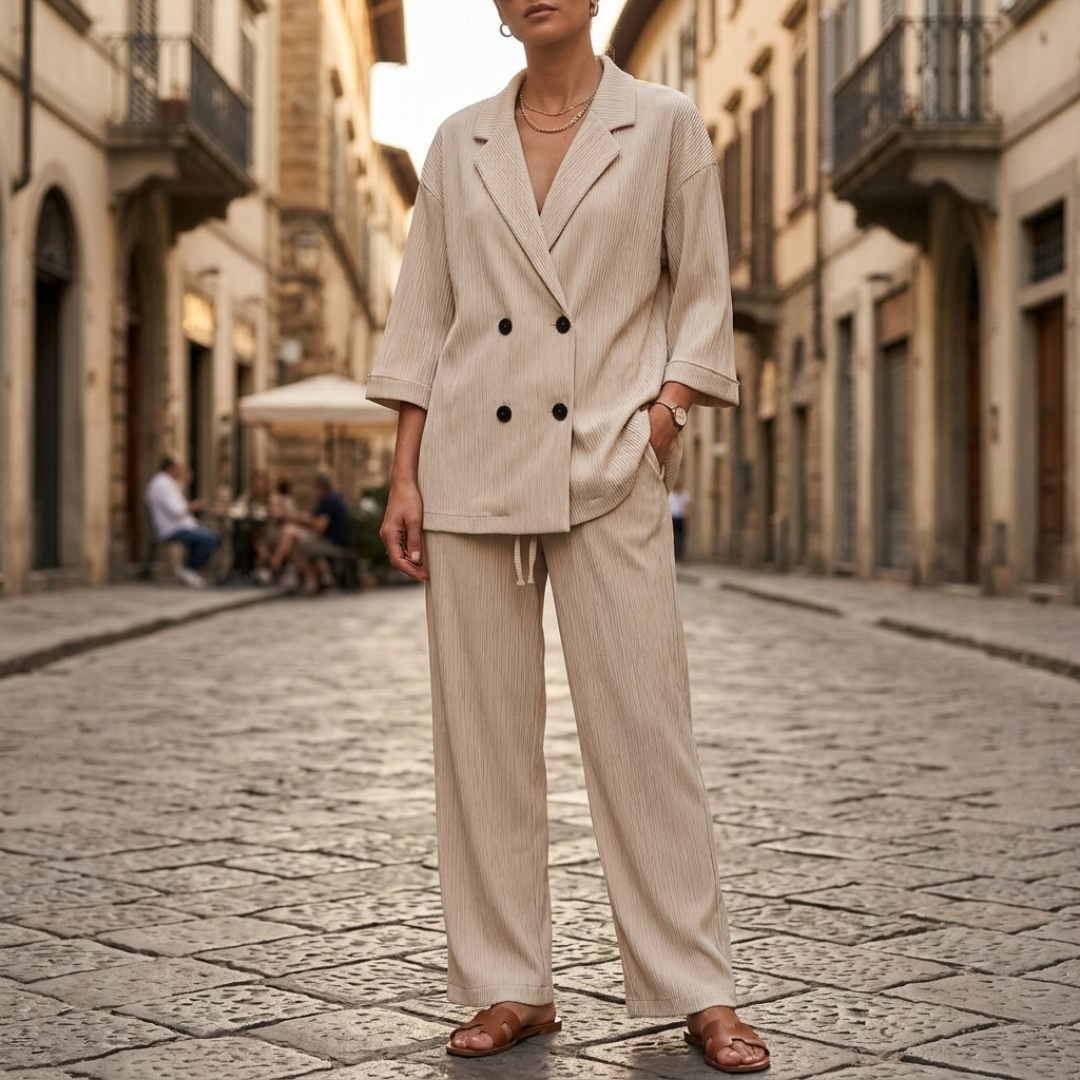 Women's Double-Breasted Blazer and Wide-Leg Pants Set