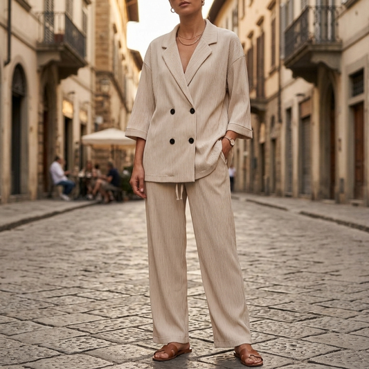 Women's Double-Breasted Blazer and Wide-Leg Pants Set