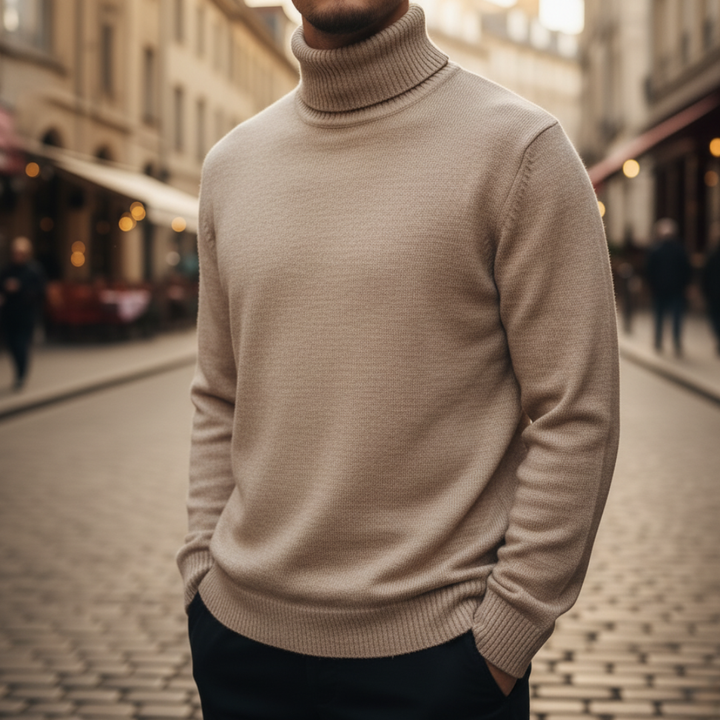 Men's High Neck Sweater in Mixed Material with Long Sleeves